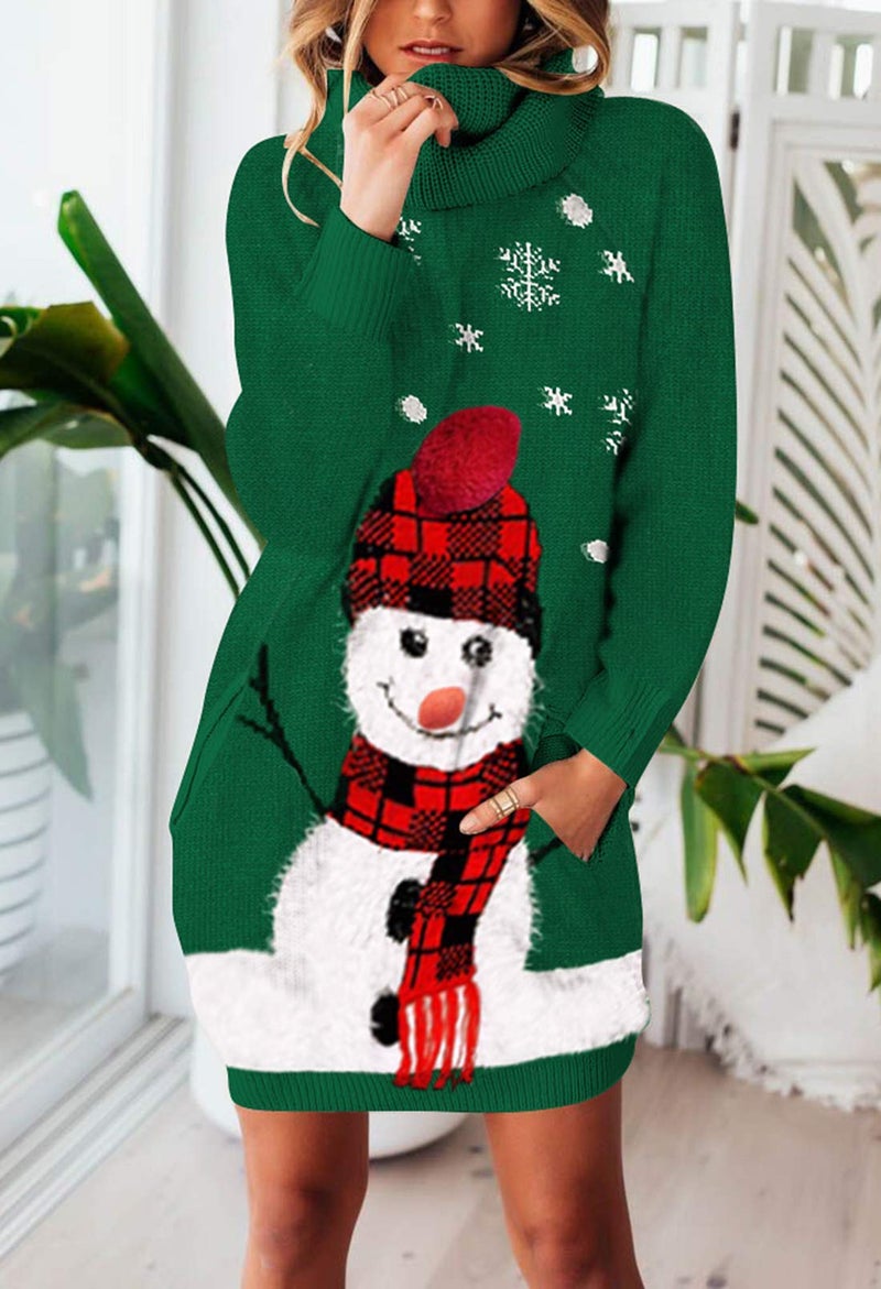 Pink Queen Women Christmas Santa Hat Snowman Turtleneck Pullover Sweater Dress Dark Green L - Image 4